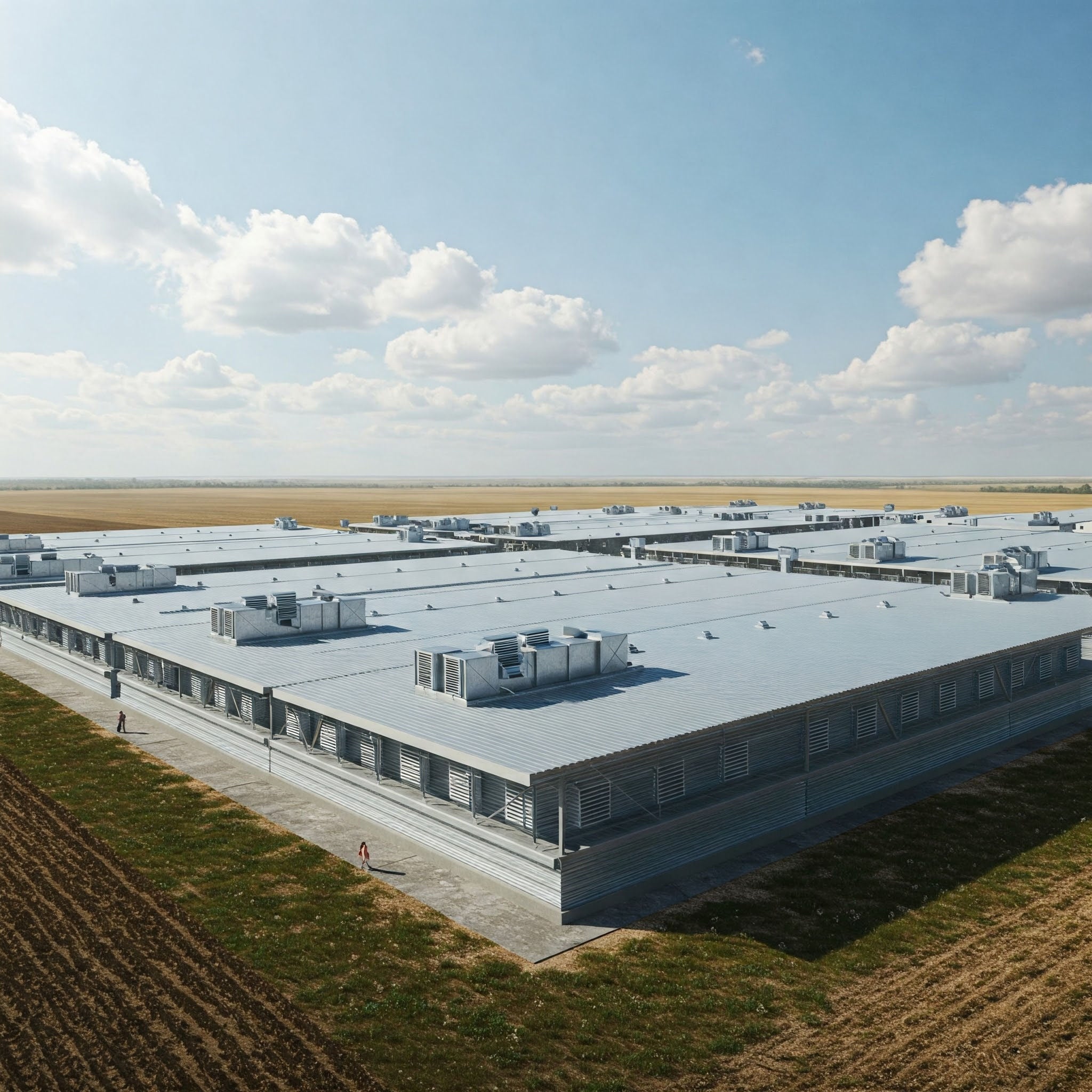 Exterior of a large commercial poultry barn